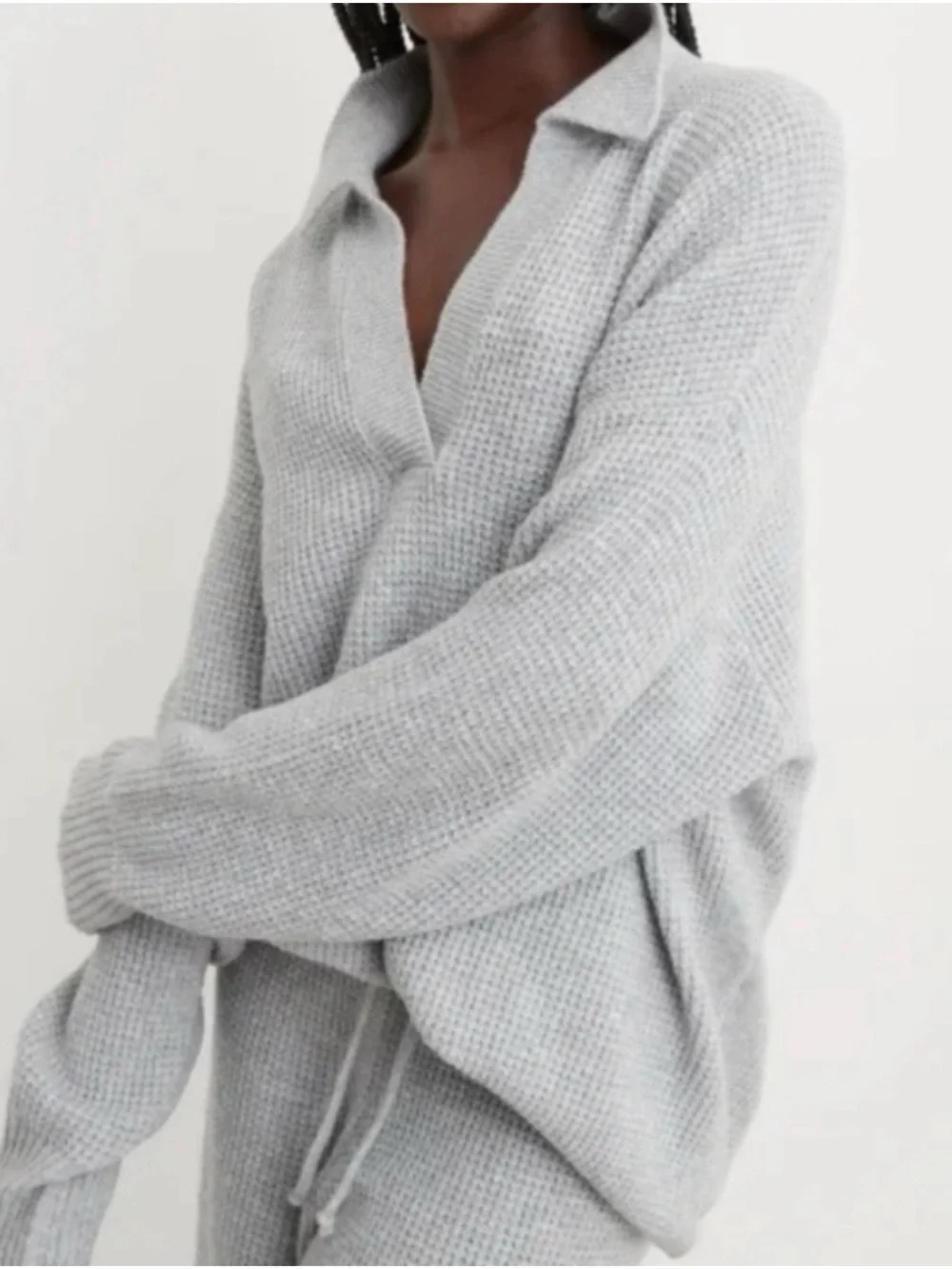 Aerie Cozyup Waffle Knit Polo Sweater Gray Size L - Picture 1 of 9